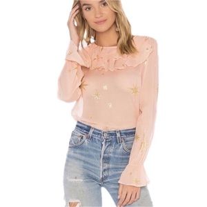 For Love & Lemons Gilded Star Ruffled Sheer Silk Blouse Rose Gold/Pink sz Xsmall